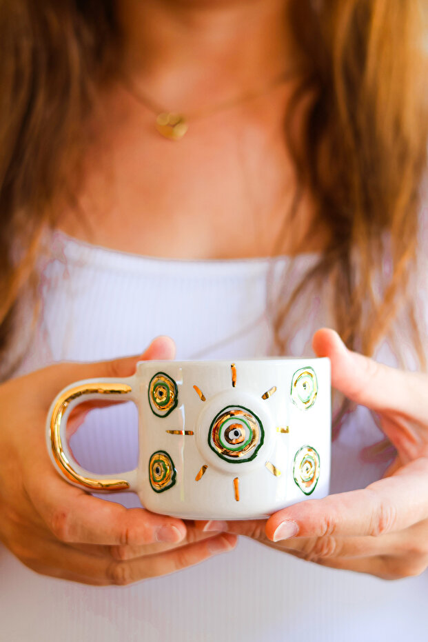 Mint Green Evil Eye Series - Handmade 200 ml Mug with Gold Detail
