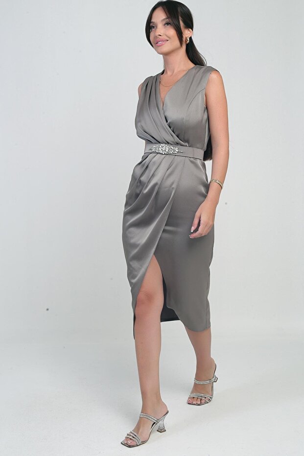 Women's Double Breasted Collar Front Pleated Crepe Satin Dress with Belt