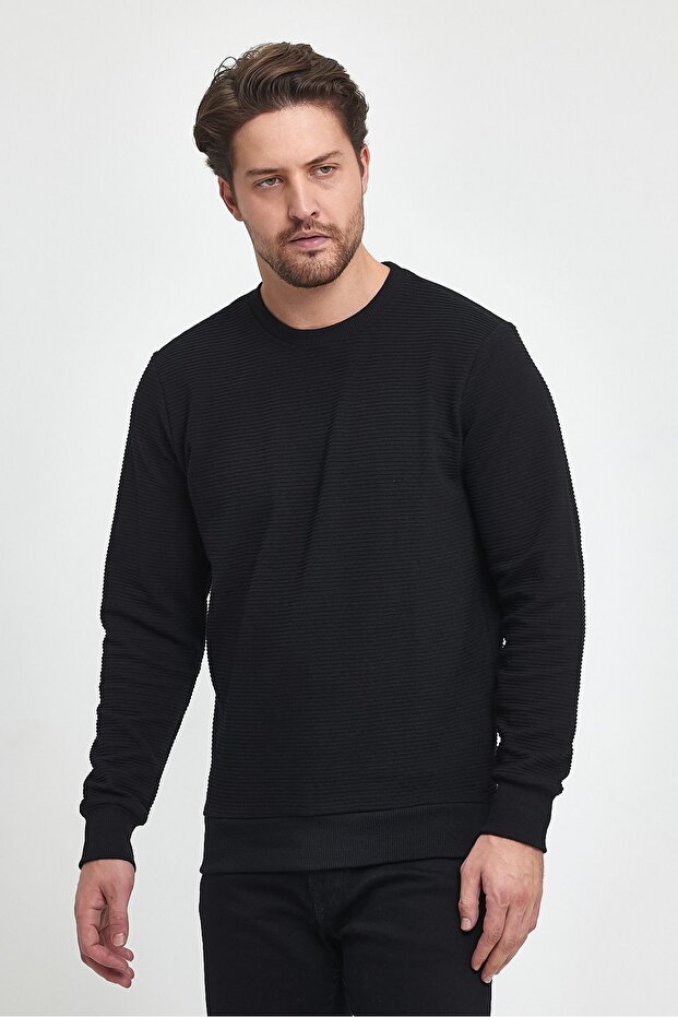 Black Color Basic Crew Neck Sweatshirt Patterned - 4