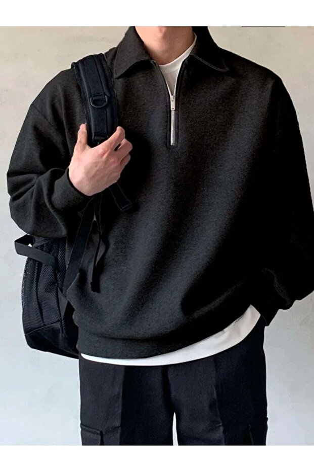 Men's Polo Neck Half Zip Sweatshirt Black
