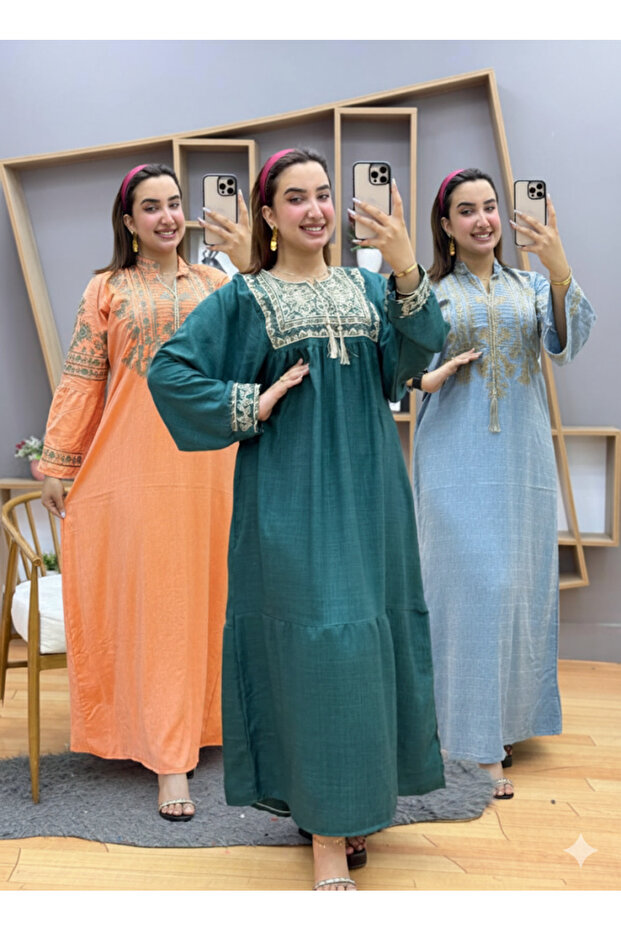 A set of 3 embroidered linen jalabiyas with an elegant and modern design, sizes from 60 to 100 kg - 1