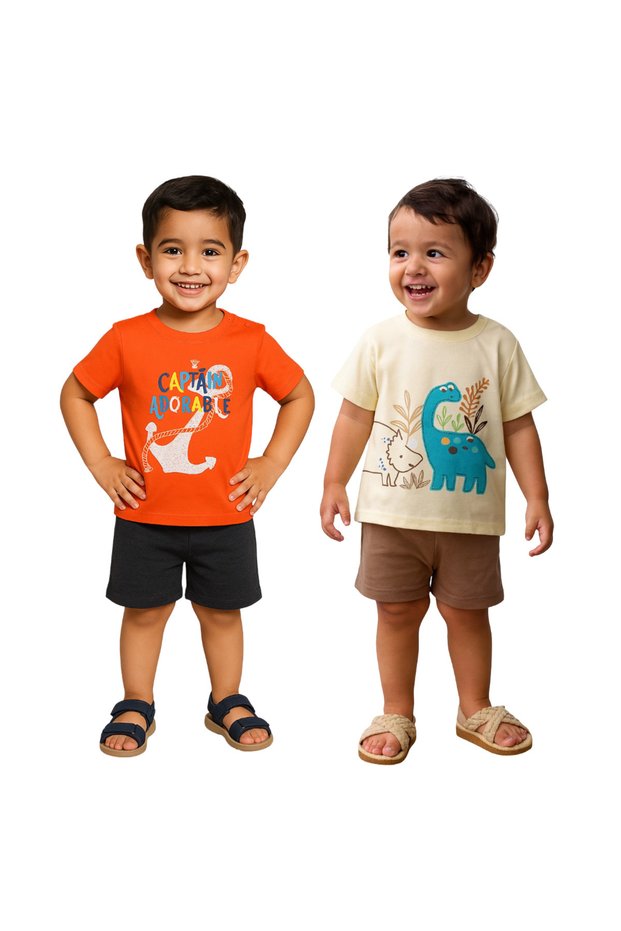 Unisex Cotton Red & Beige T-Shirt Set: Bright and Comfortable Kids Casual Wear (PO2) 6-9 M