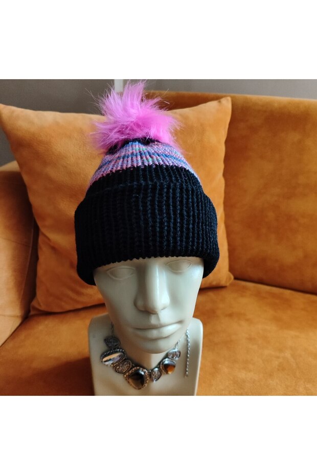 El Örgüsü Çift Kat Siyah Pembe Ponponlu Bere - 8