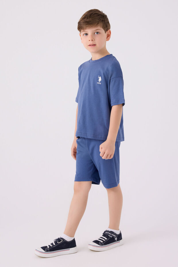 Boy's Crew Neck Wrap Embroidered Summer Regular Fit Blue Bermuda Suit Us1779-C-V8