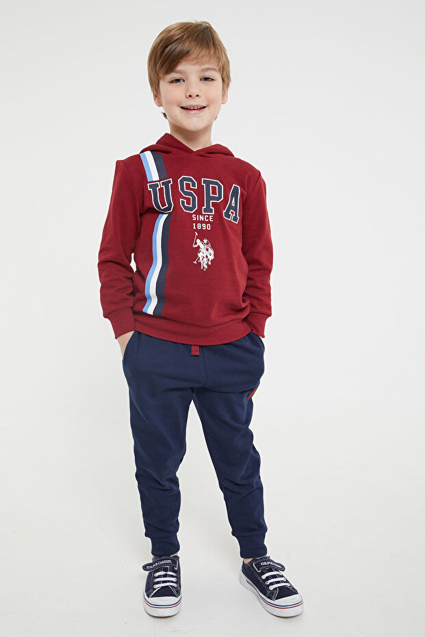 Boy's Hooded Printed Winter Regular Fit Burgundy Tracksuit Set Us1141-C-V1