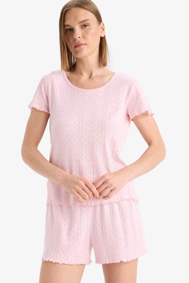 Regular Fit Pijama Takımı Kısa Kollu Üst Esnek Belli Şort-Fall in Love E4335AX25SP - 4