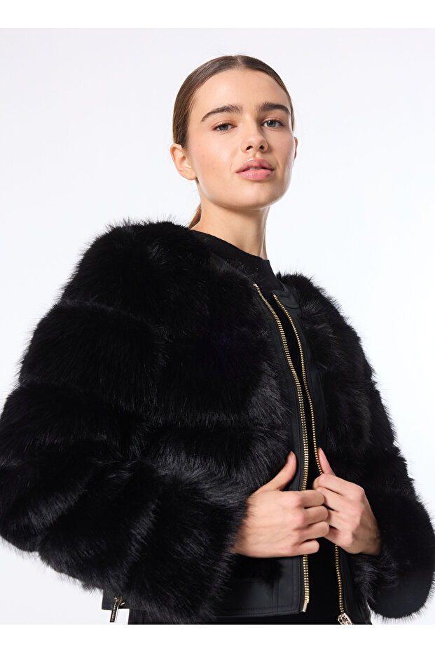 Siyah Kadın Desenli Palto SOFT PU AND FAUX FUR - SOFT PUFFER - 1