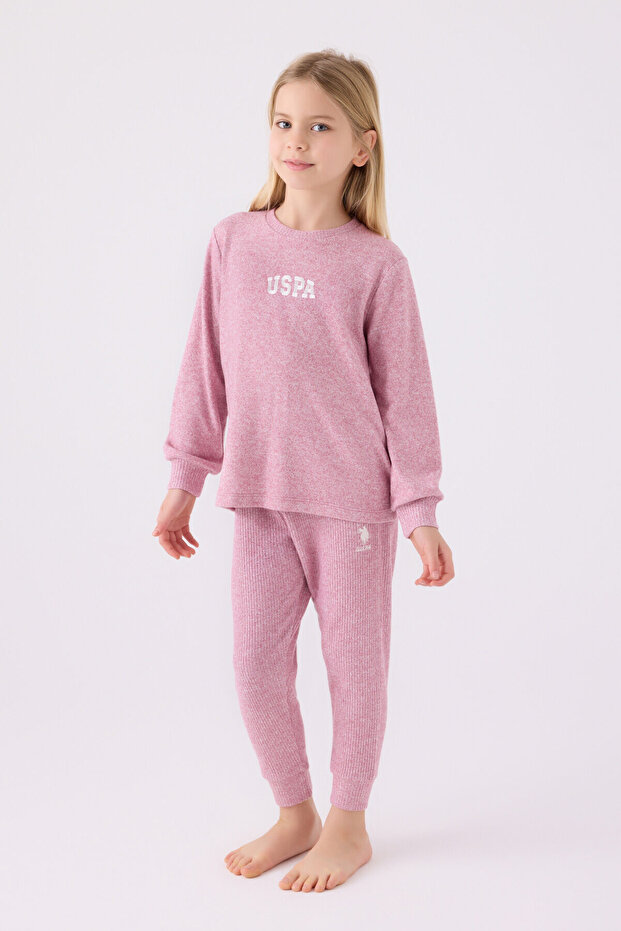 Girl's Crew Neck Pigment Printed Winter Regular Fit Pink Pajama Set Us1987-C-V3