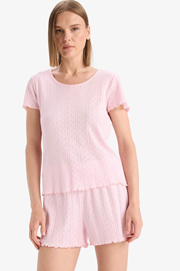 Regular Fit Pijama Takımı Kısa Kollu Üst Esnek Belli Şort-Fall in Love E4335AX25SP - 3