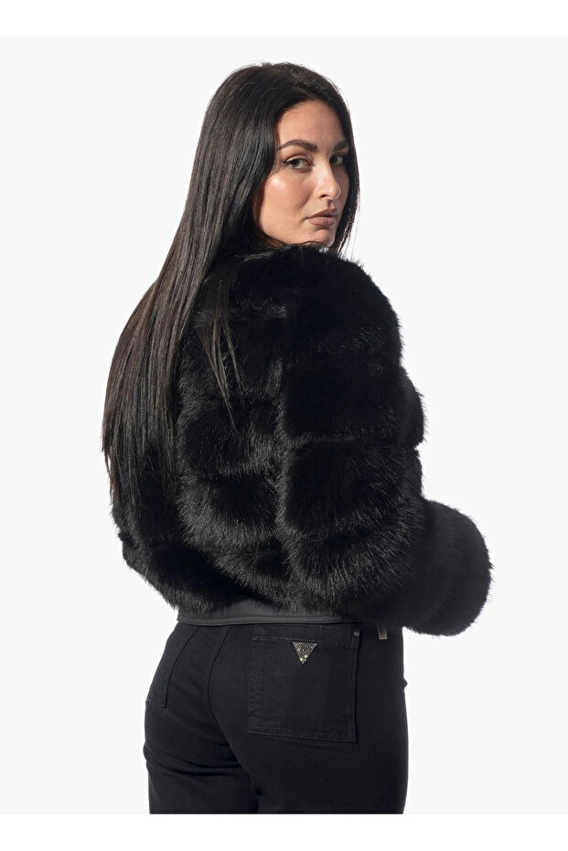 Siyah Kadın Desenli Palto SOFT PU AND FAUX FUR - SOFT PUFFER - 4