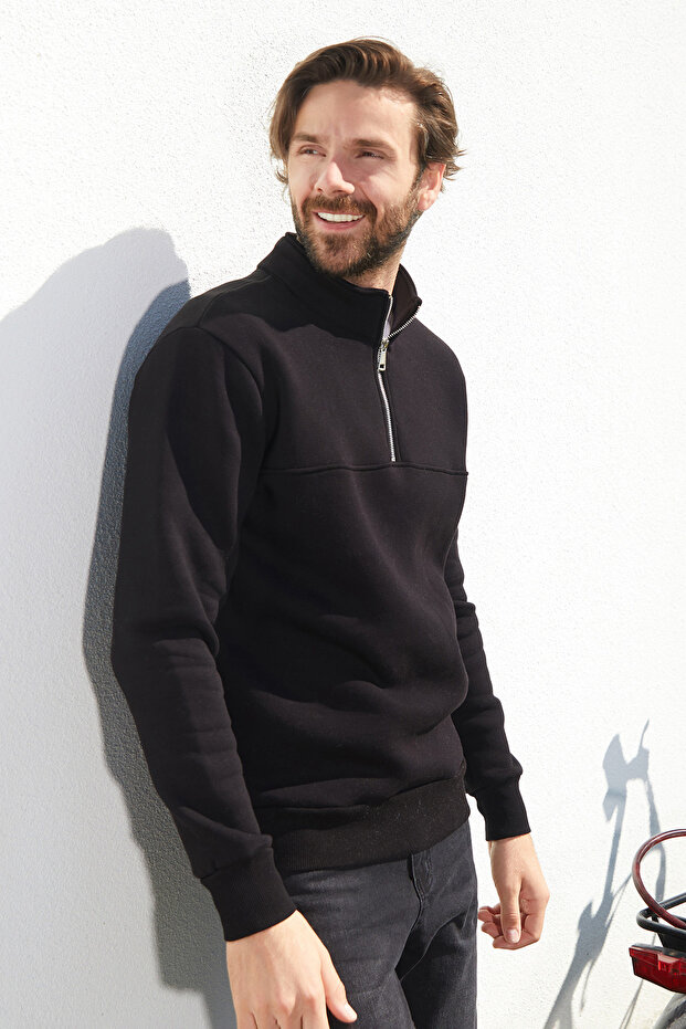 سويت شيرت أساسي ذو 3 خيوط وياقة واقفة ونصف سحاب - 2