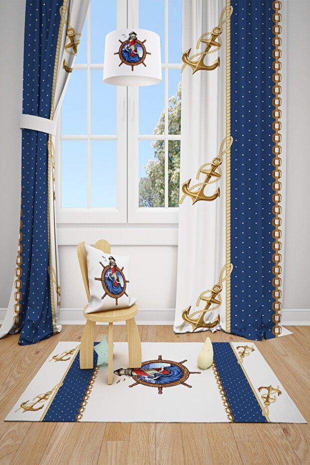 Sailor Anchor Patterned Children's Room 2 Wings Background Curtain Tla-320