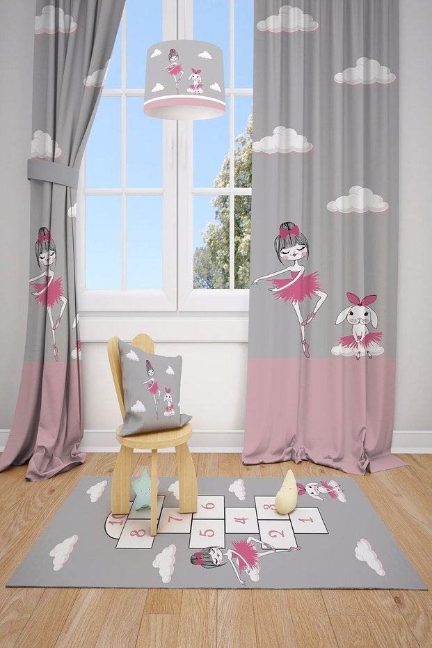 Ballerina and Rabbit Children's and Baby's Room Background Curtain 2 Wings Tla-134