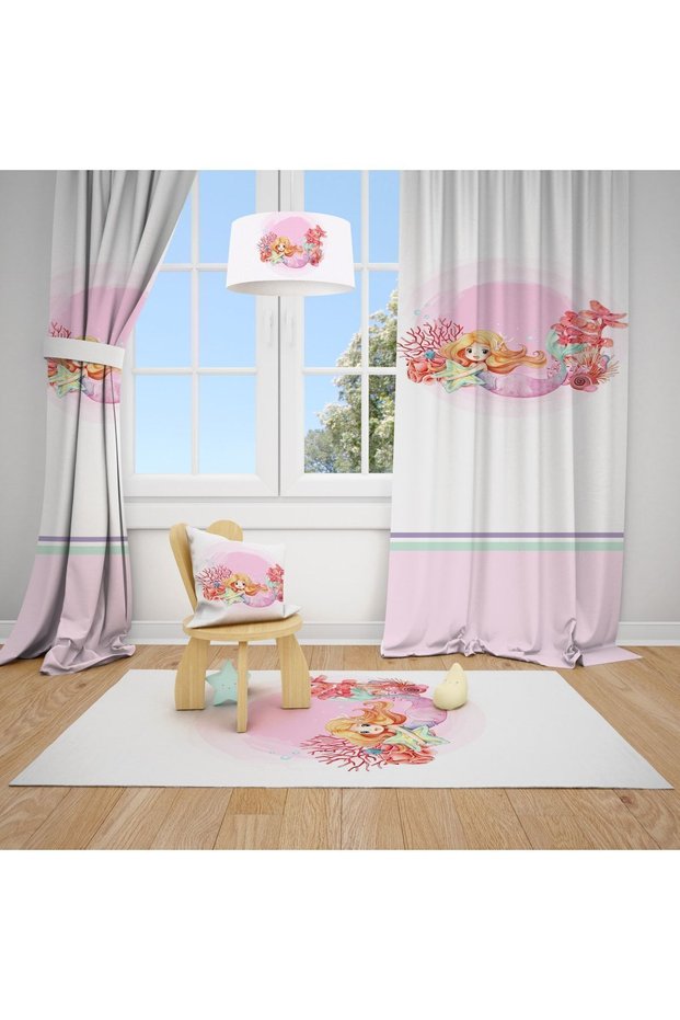 Mermaid Printed Children's and Baby's Room Background Curtain 2 Wings Tla-253
