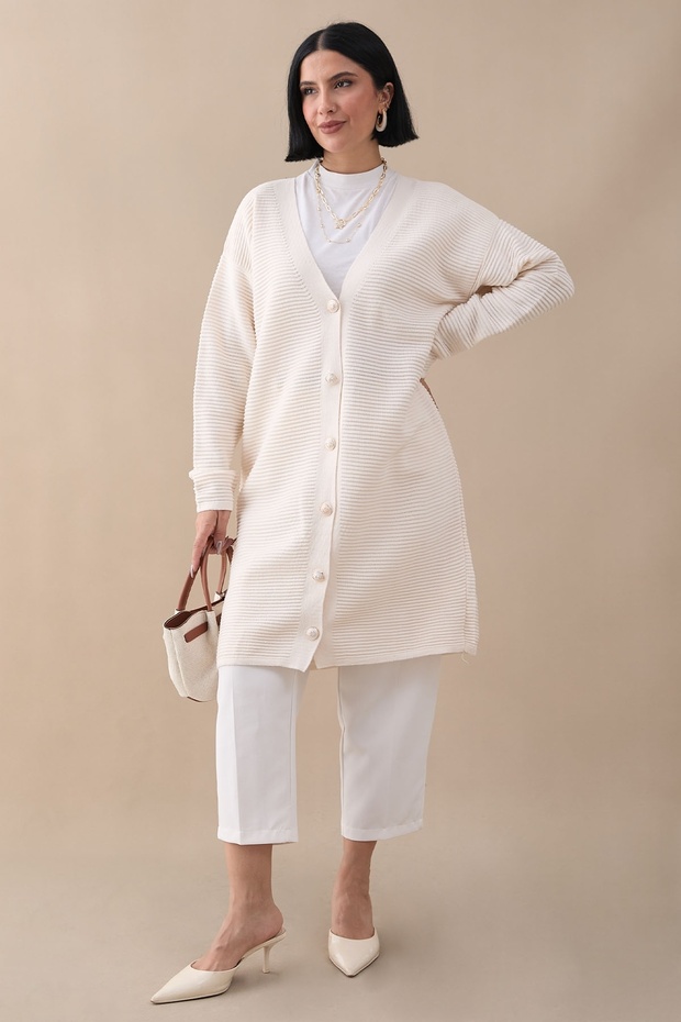 Basic Fitilli Beyaz Triko Hırka - 7