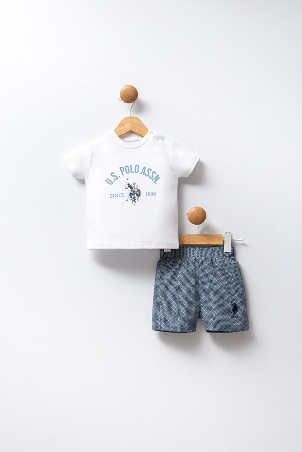 Baby Boy Crew Neck Pigment Printed Summer Regular Fit White Baby Set Usb2253-C-V1