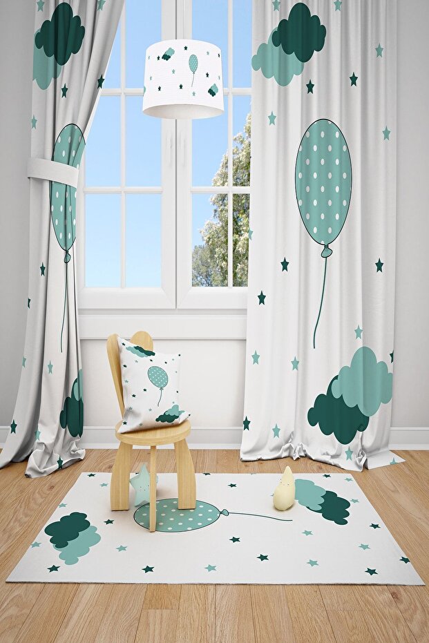 Balloon Cloud Patterned Children's Room Background Curtain 2 Wings Tla-200
