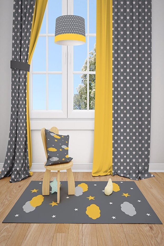 Yellow Pattern Children's and Baby's Room Background Curtain 2 Wings