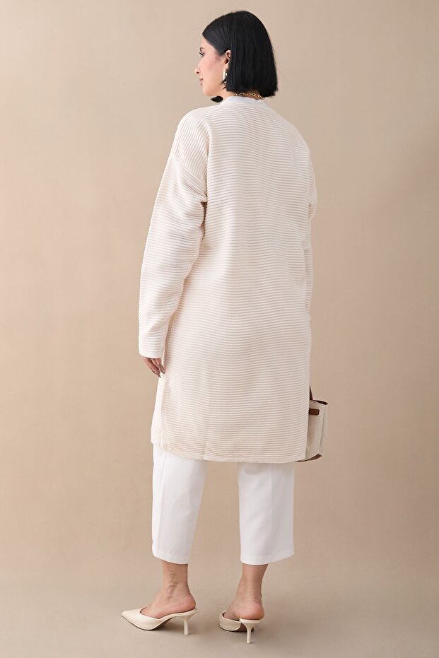 Basic Fitilli Beyaz Triko Hırka - 4