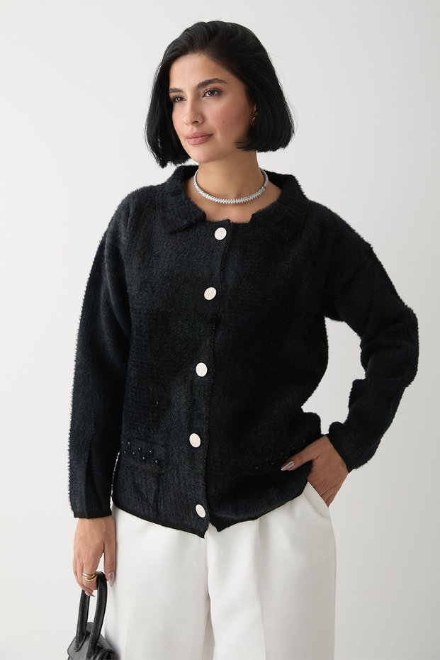 Black Cardigan with Bead Pocket Detail