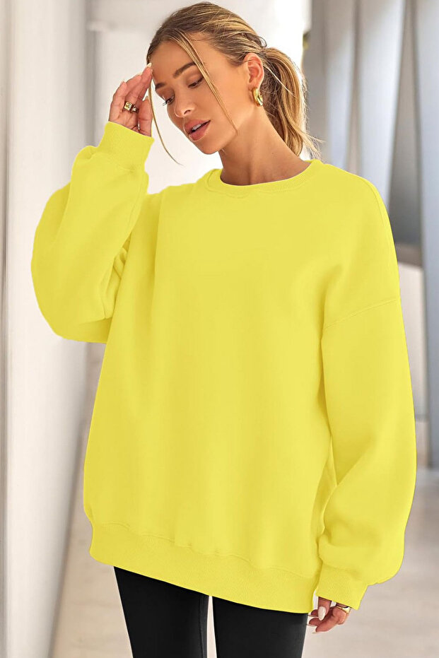 Kadın Bisiklet Yaka Basic Oversize Sweatshirt SARI - 2