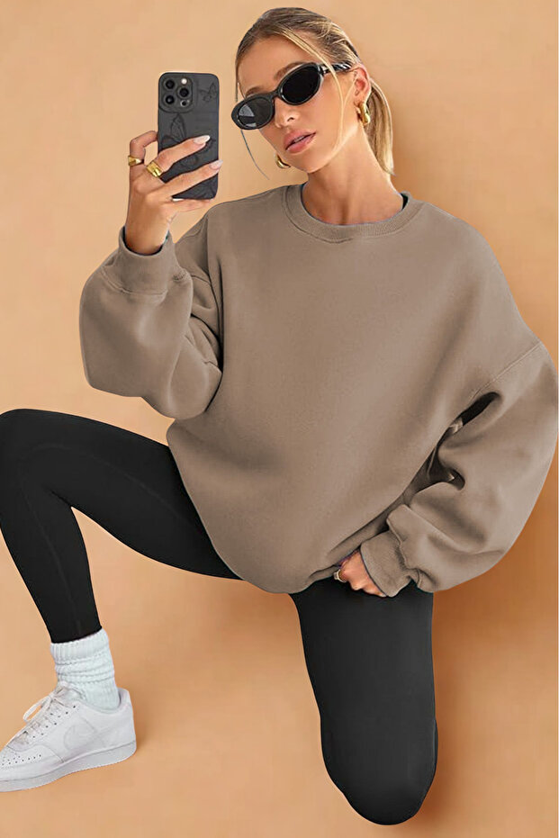 Kadın Bisiklet Yaka Basic Oversize Sweatshirt KAHVE - 6