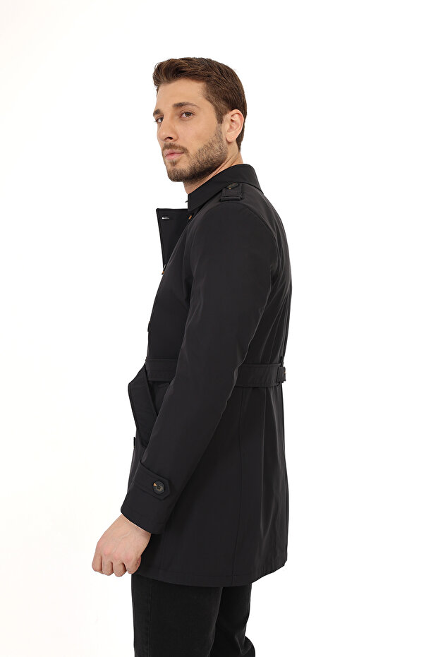 Siyah Tek yırtmaç Dizüstü Kemerli Kruvaze Trençkot - 4