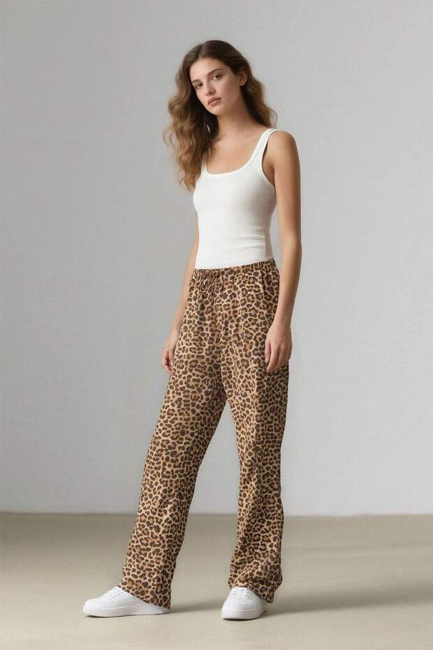 Carrot Fit Leopar Desenli Modal Kumaş Pantolon Çift Cepli Yüksek Bel Düz Paça E6360AX25SP - 5