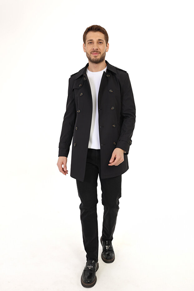 Siyah Tek yırtmaç Dizüstü Kemerli Kruvaze Trençkot - 3