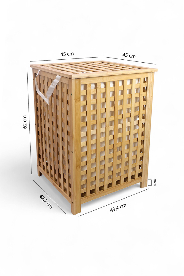 Bambu Çamaşır Sepeti 62x45 cm Kulplu Taşınabilir Bezli DB-0041 - 5