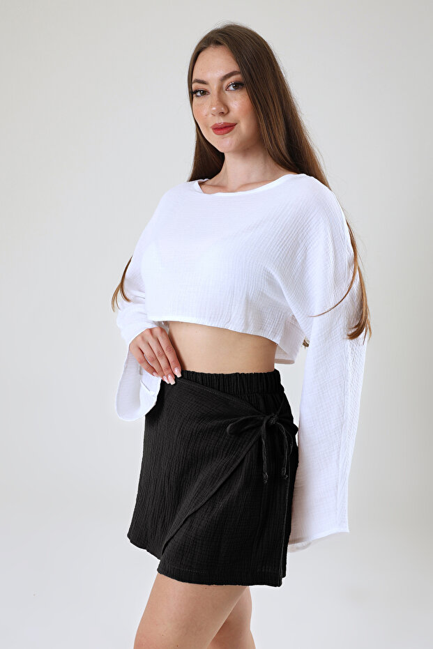 Müslin Kruvaze Mini Etek – Şort Astarlı - 8