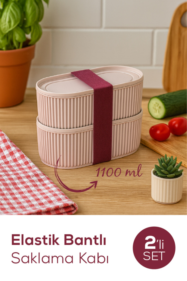 Set of 2 Stackable Practical Storage Containers with Elastic Bands 2X(1100ml) Pink - 1