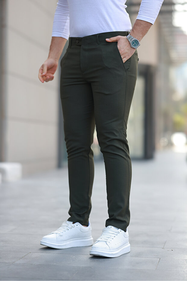 Men's Dark Khaki Quality Flexible Lycra Ankle Length Fabric Trousers