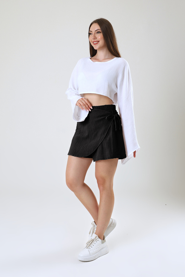 Müslin Kruvaze Mini Etek – Şort Astarlı - 3