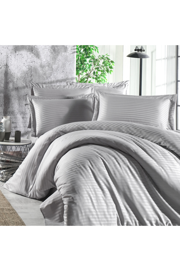 100% Cotton Satin (With Elastic Sheet) Striped Double Duvet Cover Set