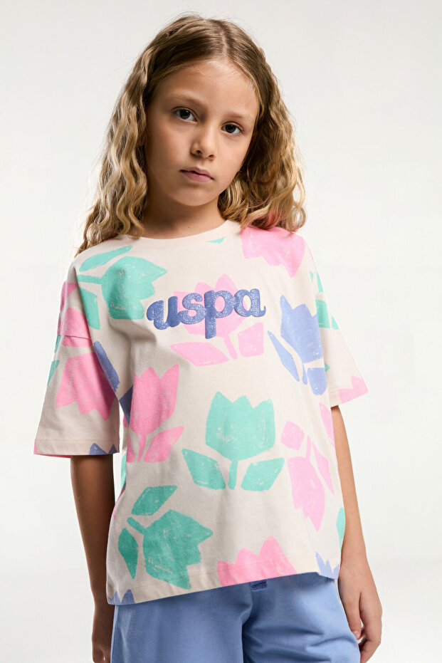 Girl's Crew Neck Pigment Printed Summer Regular Fit Pink Bermuda Set Us2095-C-V1