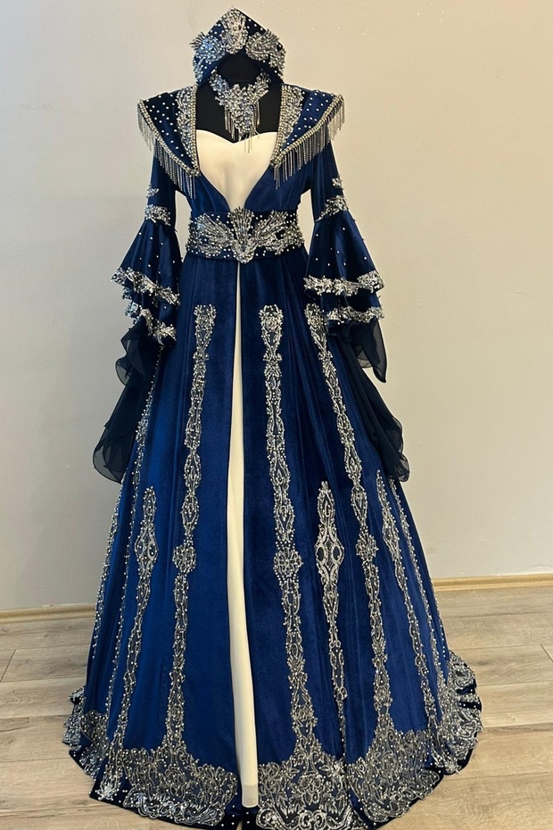 Kadife Bindallı Kaftan Seti Kına Gecesi Elbisesi Kaftan Takımı, Taç Kemer Kolye Tarlatan Dahil Paket - 3