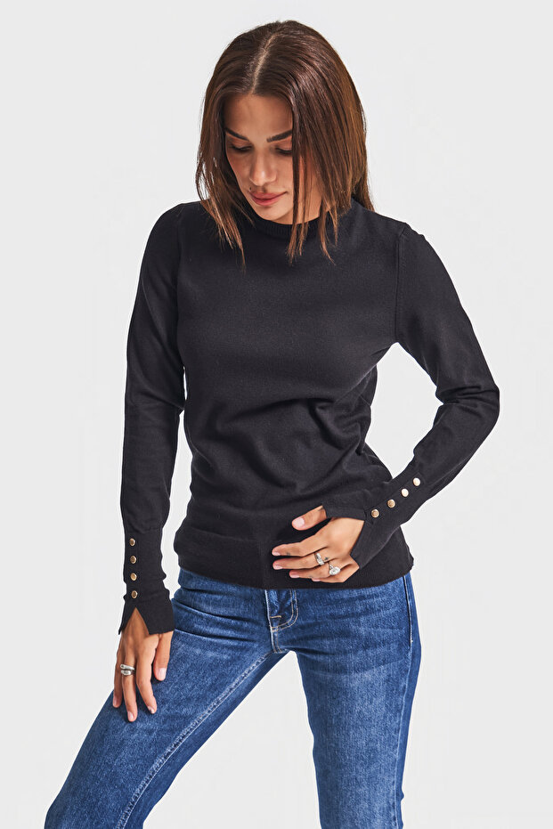 Women's Black Color W5-1 Knitted Knitwear Fabric Crew Neck Sleeve Accessory Knitwear