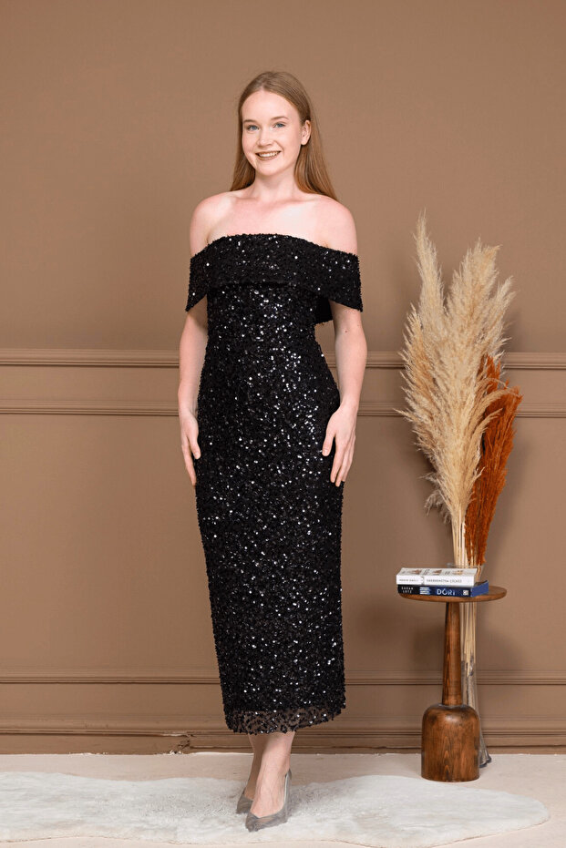 Sequin Fabric Boat Neck Pencil Dress - Black