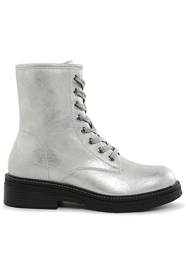 Women Faux Leather Lace Up Boots in Silver