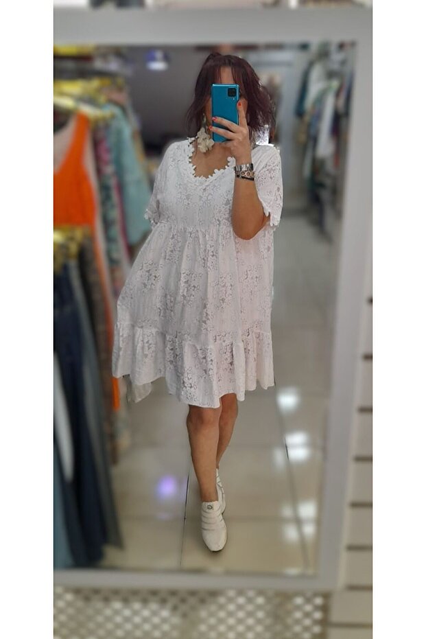 İTALYAN PAMUKLU DANTELLİ ELBİSE - 2