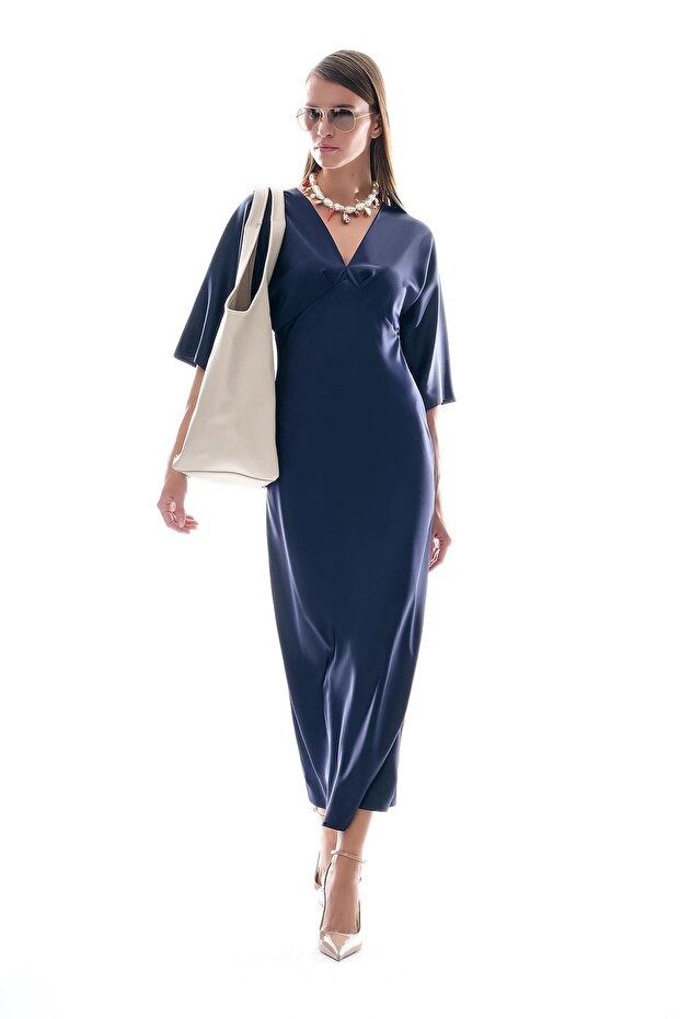 Saten Drapeli Midi Şık Elbise - 1