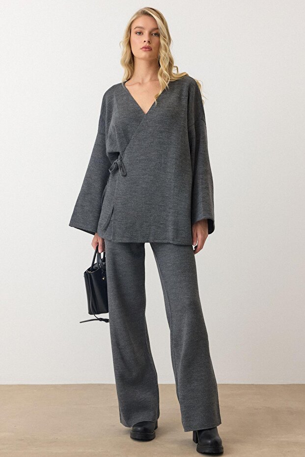 Lace-Up Closure Kimono Pants Knitwear Set Anthracite 9364-Tk