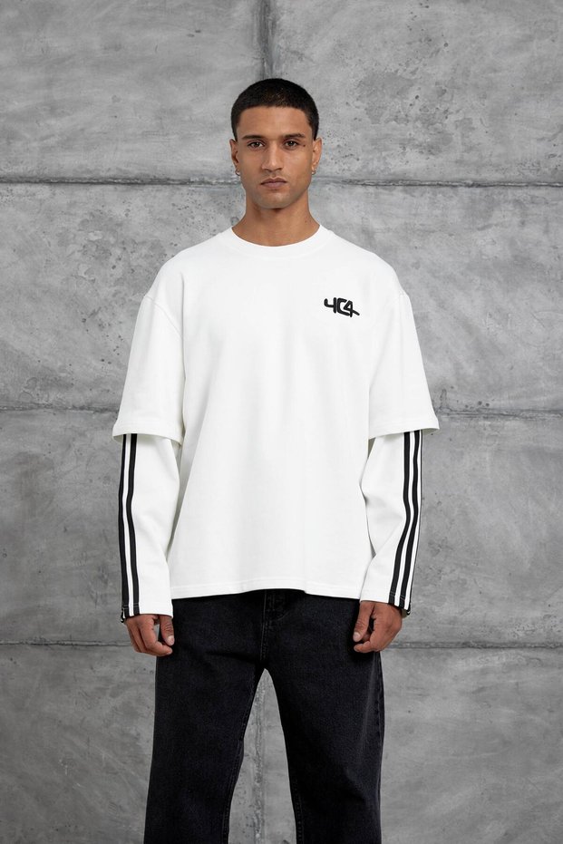 Men's Sweatshirt Yc4 Oversize with Split Sleeves White Oversize Crew Neck 3 Thread Without Threaded Detail