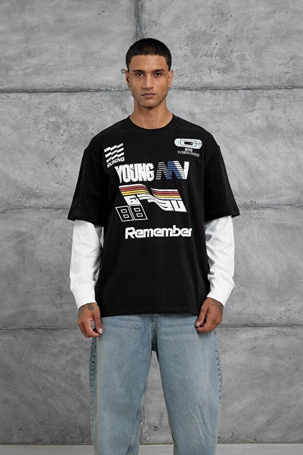 Erkek Siyah Remember Baskılı Oversıze Kolu Parçalı Sweatshırt - 1