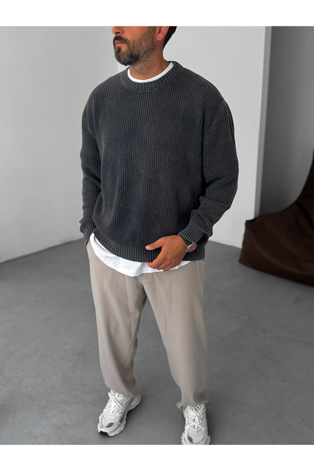 Siyah Yıkamalı Oversize Örme Kazak PM-027 - 4