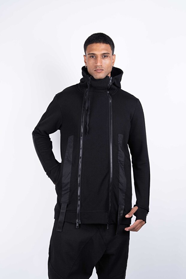 Fermuarlı Örme Siyah Sweat-Ceket - 1
