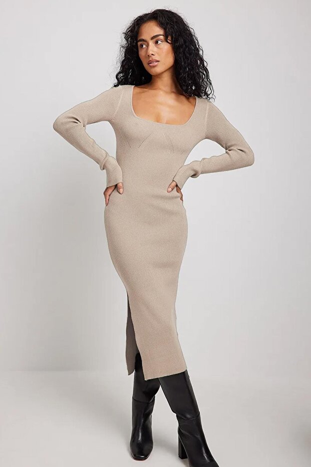 Stone Color Square Neck Women Long Dress Sh309