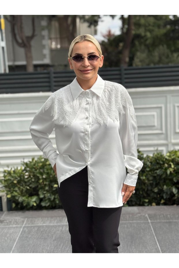Imported Beaded Stone Detailed Shiny Fabric Women's White Shirt