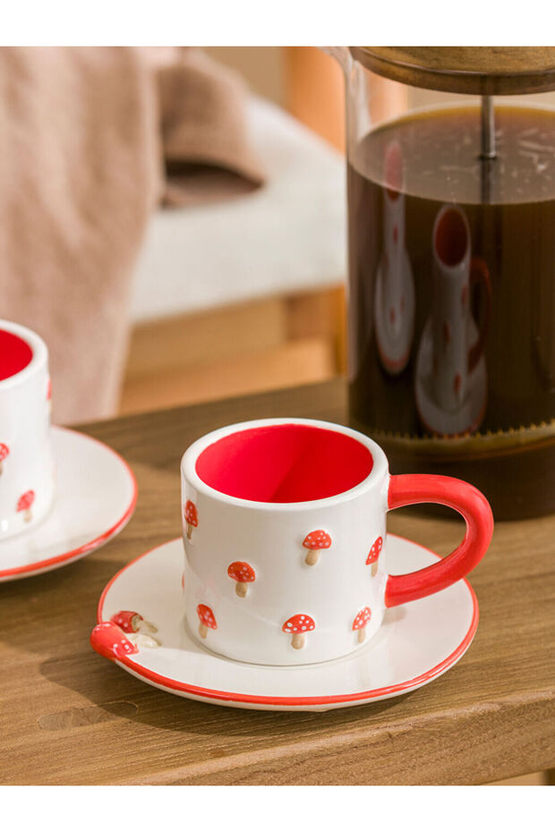 Create Your Style from Uzg Store |   Mushroom Patterned Two-Person Ceramic Coffee Cup Set 100 ml - 3